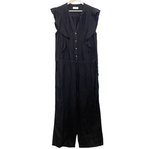 Velvet 100% Linen Black Ruffle Sleeve JumpSuit Size M Drawcord Waist Pocket